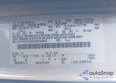 2016 Ford Transit-250 from USA, damaged, VIN 1FTYR1ZM4GKB32200